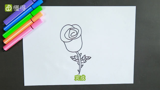 玫瑰花简笔画-最后画出花杆叶子和刺