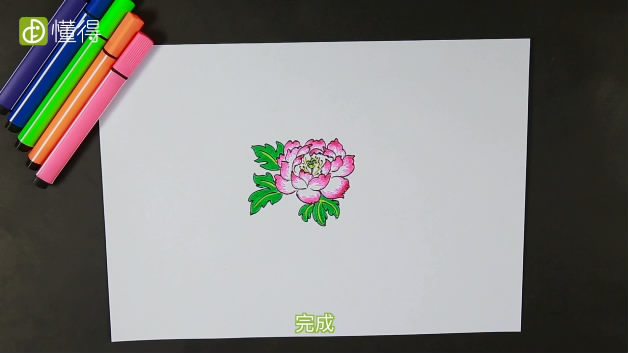 牡丹花简笔画-画出叶子和花蕊并上色