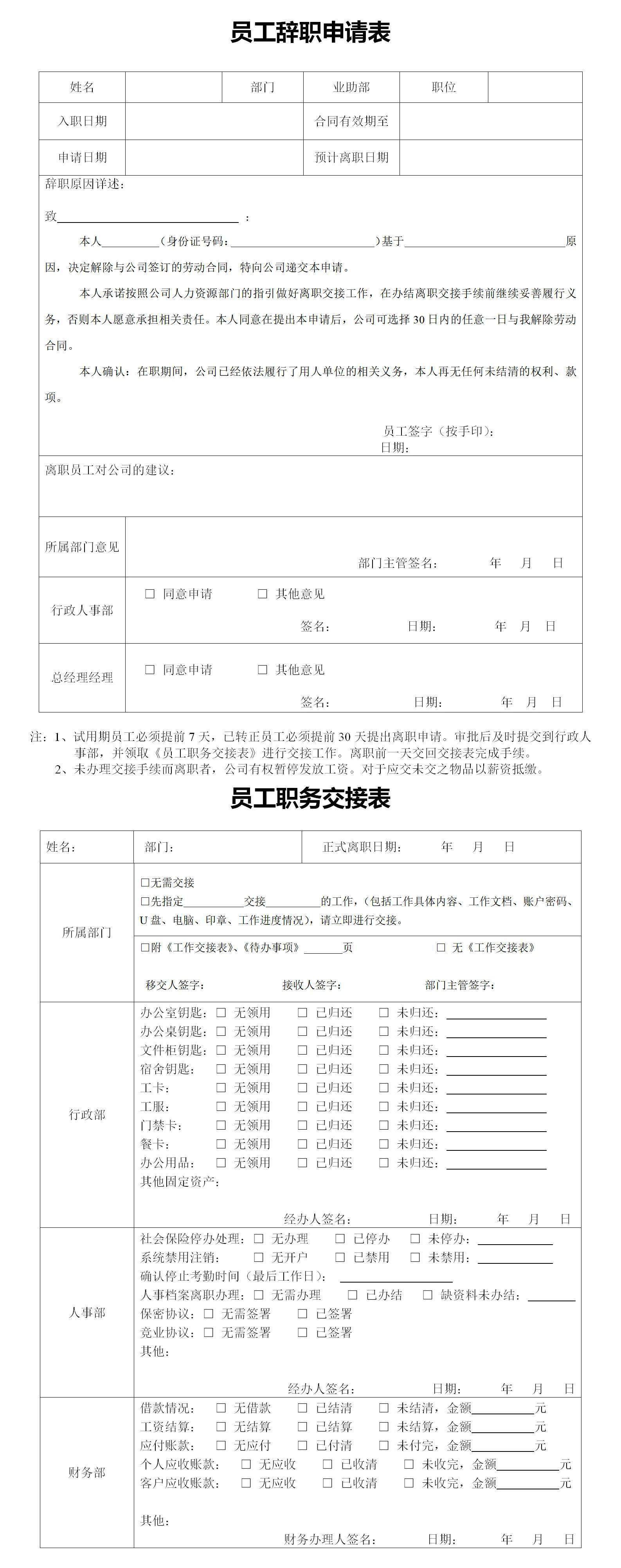 离职申请表格电子版模板（个人辞职申请表格范本）