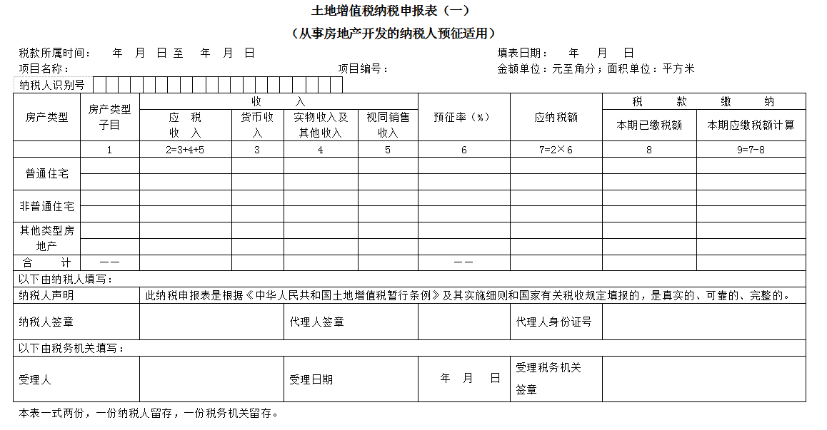 土地增值税申报表模板（土地增值税项目登记表）