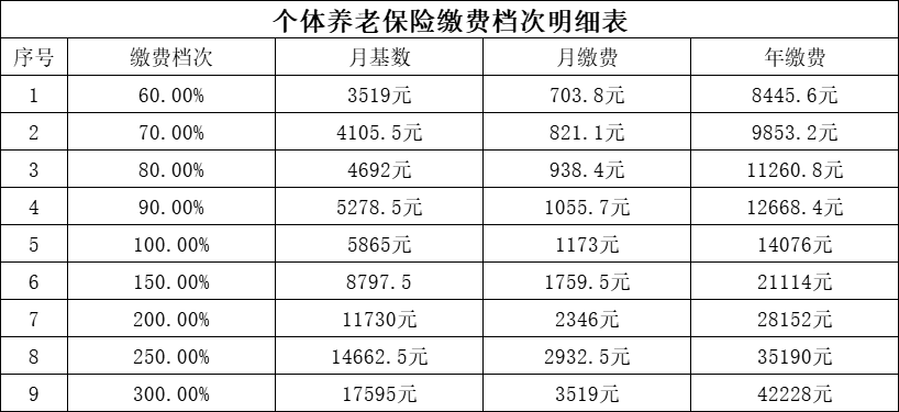 个人养老保险缴费标准（养老保险缴费档次一览表）